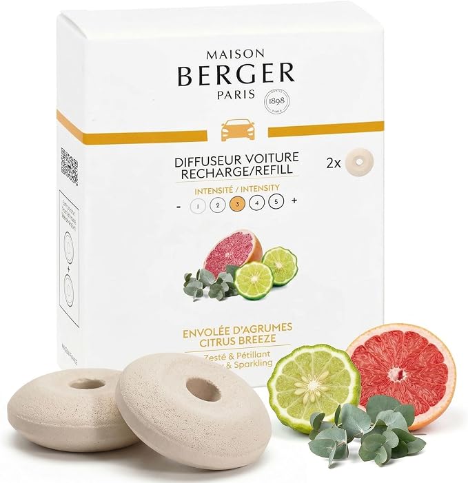Car Diffuser Refill Set, Citrus Breeze | Grapefruit Bergamot Vetiver Notes, 2 Ceramic Inserts, Fits Vent Clips, 4-Week Diffusion, Made in France