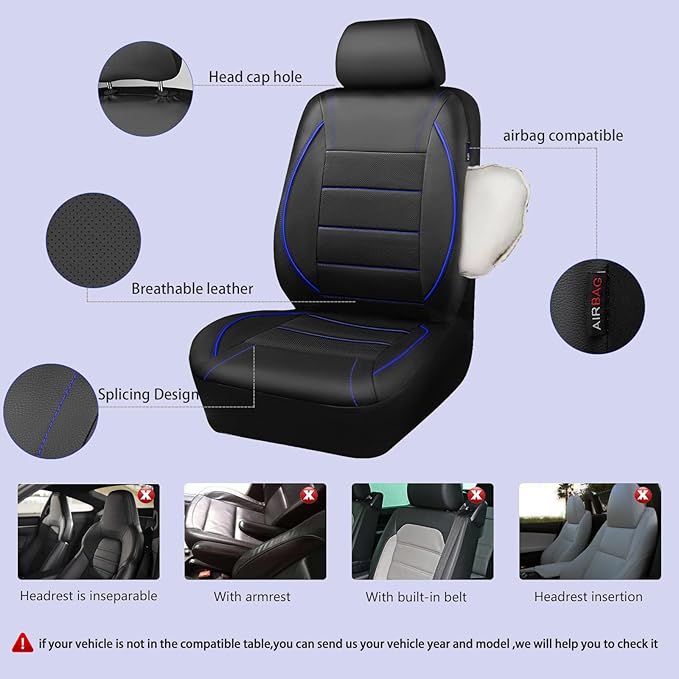 Universal FIT Piping Leather Car Seat Cover, for suvs,Van,Trucks,Airbag Compatible,Inside Zipper Design and Reserved Opening Holes (Full Set, Black and Blue)