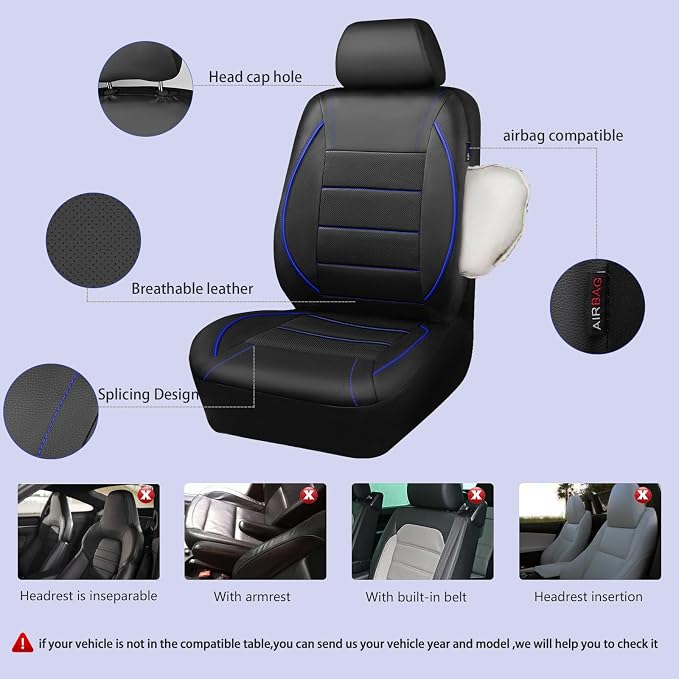Universal FIT Piping Leather Two Front Seat Covers, Waterproof Faux Leather for SUV Sedan Van Truck, Airbag Compatible,Reserved Opening Holes for Headrest Covers. (Black and Blue)