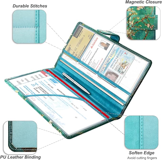 Car Registration and Insurance Holder, Vehicle Glove Box Organizer Cool Car Accessories, Car Document Holder for Cards and Driver License, Almond Blossom