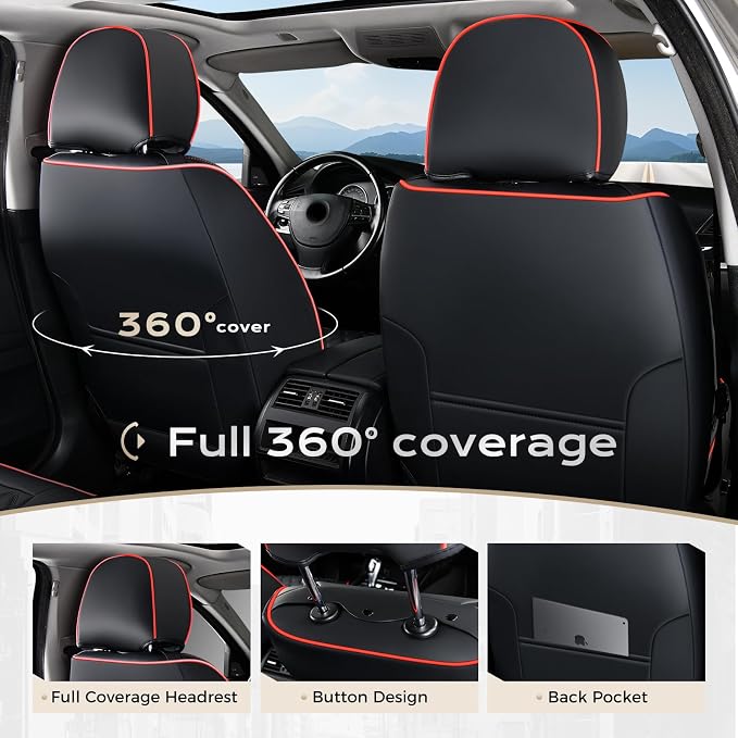 Coverado Full Set Car Seat Covers, Luxury Faux Leather Waterproof Seat Covers, 5-Seat Universal Fit, Front & Back Car Seat Protectors,Leather Seat Covers for Most Cars-Black & Red Line