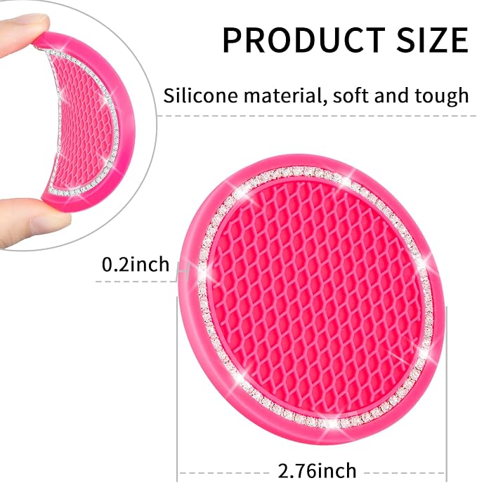 Car Coasters, 4 Pack Universal Vehicle Bling Car Coaster, Rhinestone Coaster for Cup Holders, Car Interior Accessories 2.75'' Silicone Car Coasters for Women(Hot Pink, White Crystal Circle)