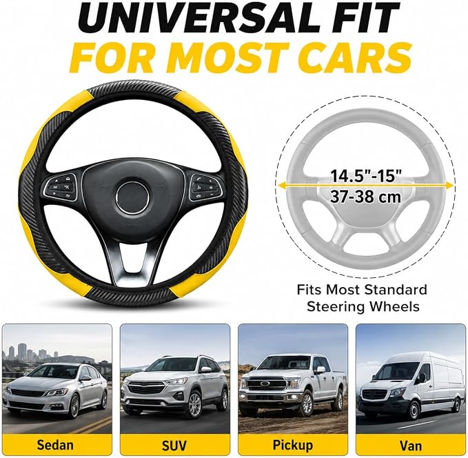 Car Steering Wheel Cover 15 inch, Microfiber PU Leather Elastic Steering Wheel Protector, Anti-Slip Breathable Car Interior Accessories for Most Cars (Yellow)