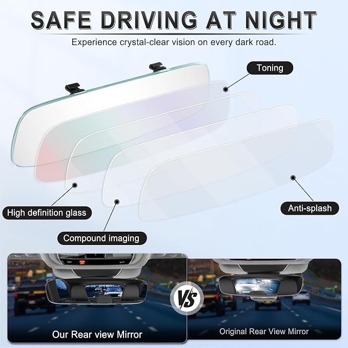 Rear View Mirror, Universal 12" (305mm) Wide-Angle Panoramic Convex Rearview Mirror with Clear Slim Frame, Strap-On Design Fits Original to Reduce Blind Spots for Cars SUVs Trucks