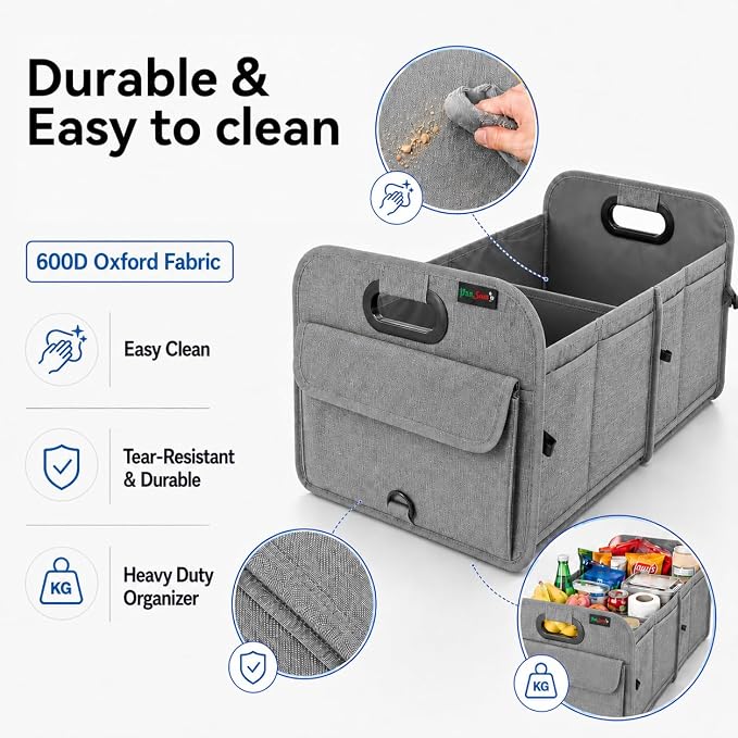 PAT SAM'S Trunk Organizer for SUV, Collapsible Car Trunk Organizer with Dividers, Waterproof 600D Oxford, Non-Slip Storage Organizer for Groceries, Tools, Travel, Truck & Car (Grey)