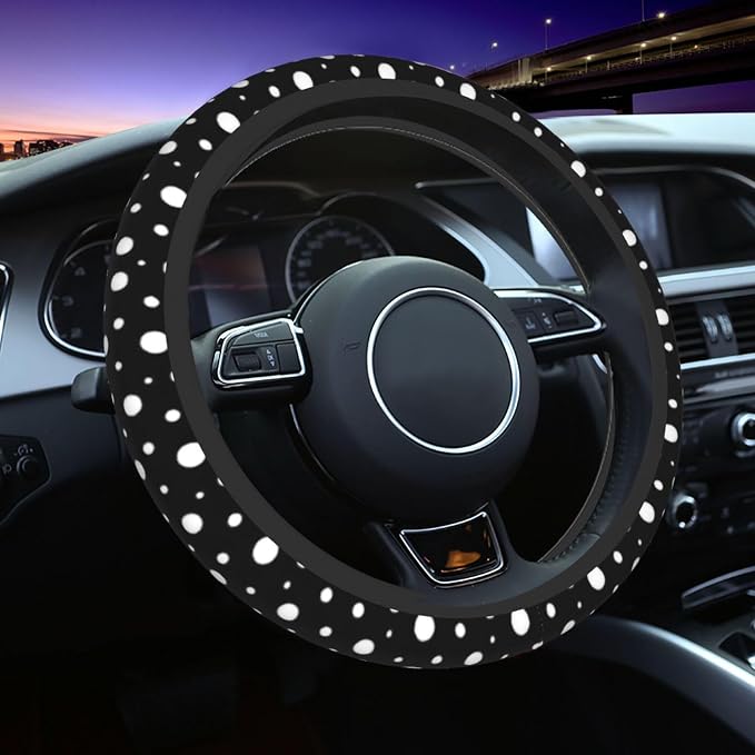Polka Dot Steering Wheel Cover - Black White Polka Dots Steering Wheel Cover Anti-Slip 15 Inch Universal 2 Pcs Car Interior Cup Holder Pad for Men Women