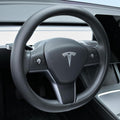 Nappa Leather Steering Wheel Cover Compatible with Tesla Model 3/Y 2016-2025 2026 Juniper/Highland, Non-Slip Breathable Model 3/Y Steering Wheel Protector, Black
