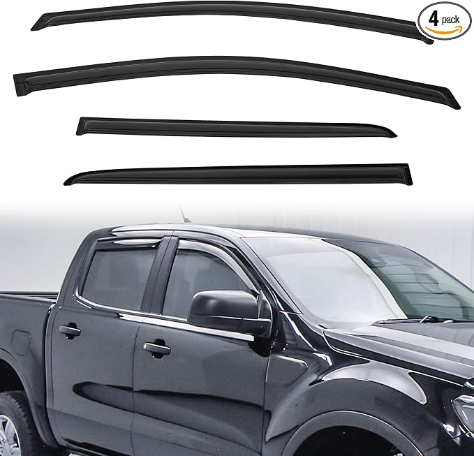 Window Visor Rain Guards Compatible with 2019-2022 Ford Ranger Crew Cab with 4 Full Size Doors Tape-On Vent Visors Wind Deflector for Truck Accessories