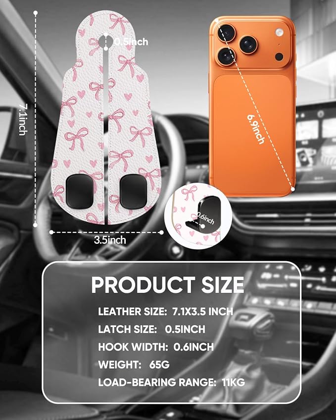 Purse Holder for Car, 2 Pack Heavy Duty Purse Hanger for Car, PU Leather Car Seat Hooks for Purses and Bags, Cute Pink Bow Headrest Organizer for Handbags & Backpacks
