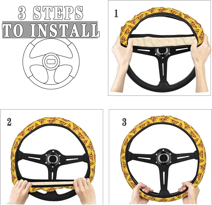 Funny Food Cartoon Pizzas Steering Wheel Covers Anti-Slip Elasticity Car Accessories Steering Wheel Protector Universal 15 Inch for Cars SUV Vehicle Truck