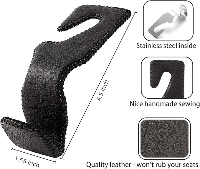 Headrest Hooks for Car, Back Seat Organizer Gray Leather Hanger Holder Hook, for Hanging Purses and Bags and Coats, Pack of 2