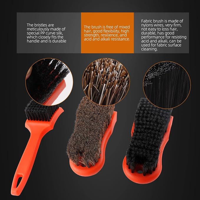 3Pcs Car Detailing Brush Kit, Leather & Textile Interior Brush, Comfortable Grip and Scratch-Free Cleaning for Dashboard, Wheels, Seats, Foot Mats and Small Areas, Black