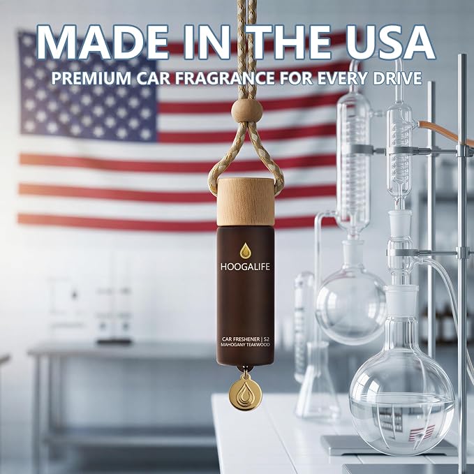 Car Air Freshener 2 Pack, Mahogany Teakwood Hanging Diffuser, 45+ Days Long Lasting Scent, Refillable Bottle, Odor Control for Auto Interior, Made in USA