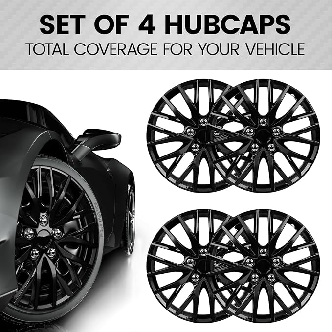 (4-Pack) Premium Black Hubcaps 16" Wheel Rim Cover Hub Caps OEM Style Direct Replacement Snap On Car Truck SUV Van - 16 Inch, Set of 4