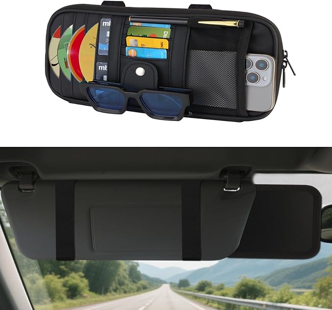 Car Visor Sunshade Extender,Window Shade,Upgraded Version Leather Multi-Pocket Storage Bag for Car/SUV/Truck with 13CD Holders,Sunglass Clip,Card Holder,Anti-Glare Sun Blocker for Driver