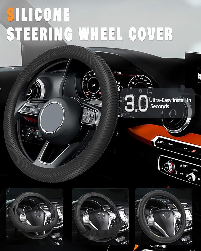 Car Steering Wheel Cover, Thin Anti-Skid Silicone Steering Wheel Cover for Men & Women, Universal Automotive Interior Accessories for Most Cars (Black)