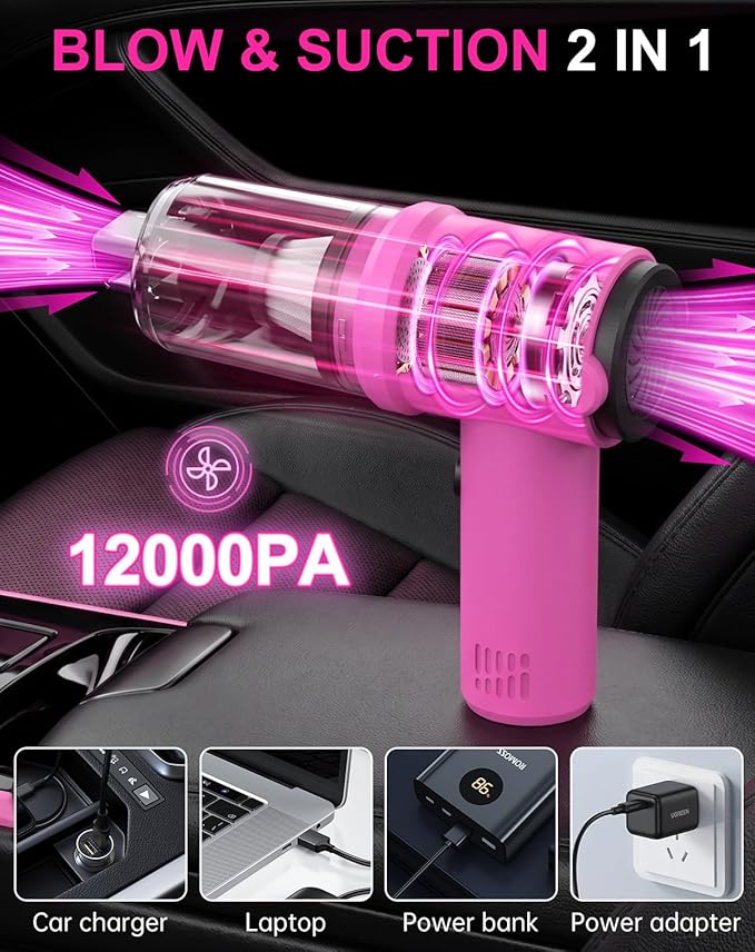 27pcs Car Cleaning Kit, 4-in-1 12000Pa Cordless Mini Handheld Vacuum Cleaner & Air Duster, Portable Pink Car Detailing Kit with Interior Accessories for Car, Home, Office, Gift for Women