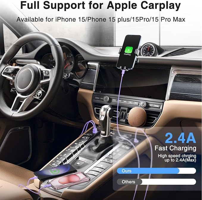 3Pack Car Carplay Cable for iPhone 16 15 Pro Max 15 Plus Car Charger, USB to USB C Cable 3FT for Car Charger Adapter, Carplay USB C Cord Accessories Charging for iPad 10th Gen/iPad Pro Air 5th-Purple