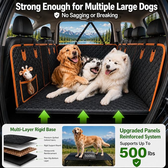 Elufa Hard Bottom Dog Car Seat Cover for Back Seat, 52" Back Seat Extender for Dogs, Waterproof Nonslip Dog Hammock with Flat Platform, Supports up to 500 lbs, Fits Cars, SUVs & Trucks