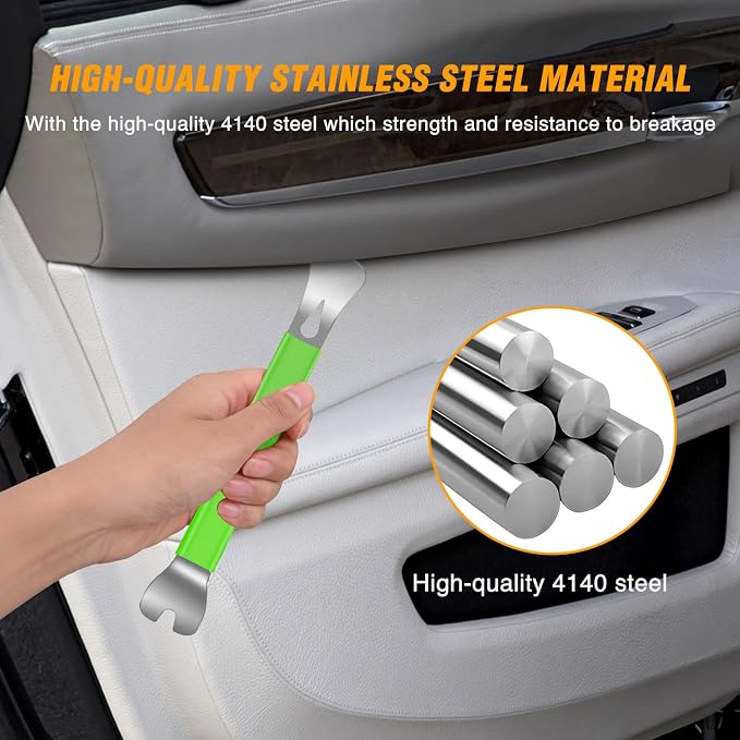 11 PCS Trim Removal Tool Kit, Metal Pry Tool Auto Fastener Remover Pry Bar Set Car Door Panel Removal Tool Dashboard Repair Kit Green