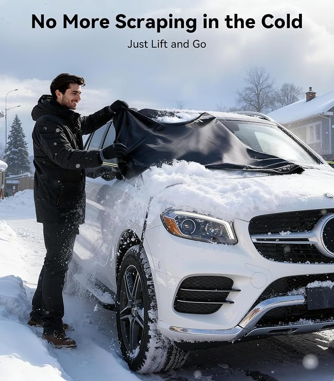 3-in-1 Windshield Snow Cover for Ice & Snow Frost — 600D Heavy Cover & Ice Scraper Complete Winter Protection with 360° Windproof Design and Multi-Layer Winter Car Kit for Cars, Trucks, SUVs