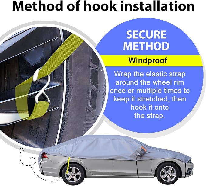 Half Car Cover Sedan, Top Cover for Windshield & Sunroof Protection with Cotton Liner, Hail Protector Car Cover Waterproof All Weather for Snow, Sun,Rain,Dust