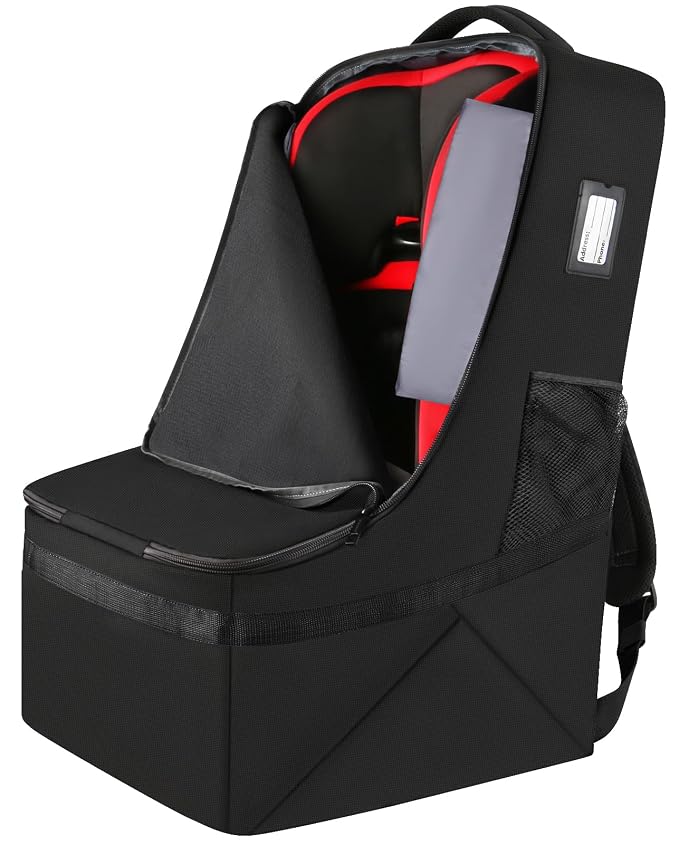 Padded Car Seat Travel Bag for Airplane, Gate Check Carseat Backpack for Air Travel, Baby Travel Essentials for Flying, Car Seat Stroage Cover Bag (All Black)