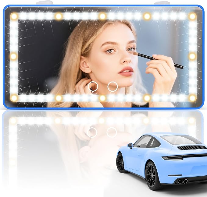 Car Sun Visor Vanity Mirror - Rechargeable Makeup Mirror with 60 LEDs, 3 Light Modes & Dimmable Touch Control for Cars, Trucks, SUVs, Car Interior Accessories for Women (Blue)