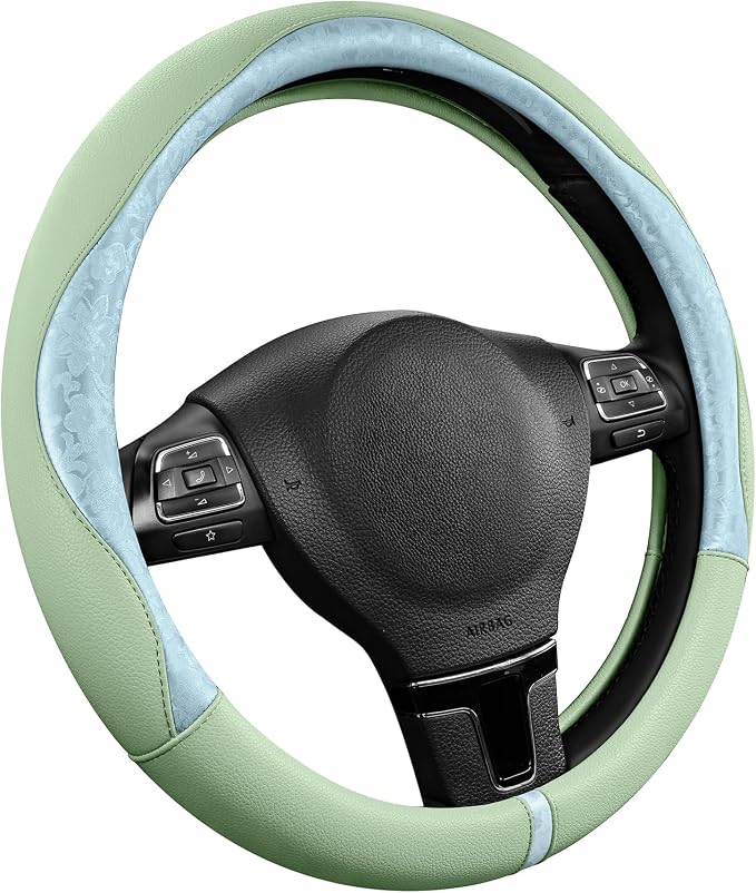 Steering Wheel Cover, Light Blue Patterned & Green Leather Patchwork Design, Universal Fit 14.5"–15.5", Anti-Slip, Odor-Free, Soft Grain Leather, Durable Grip Car Accessory for Girls & Women