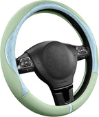 Steering Wheel Cover, Light Blue Patterned & Green Leather Patchwork Design, Universal Fit 14.5"–15.5", Anti-Slip, Odor-Free, Soft Grain Leather, Durable Grip Car Accessory for Girls & Women