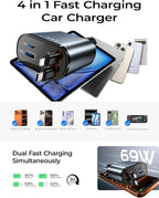 Retractable Car Charger, [2026 Upgrade 50 inch ] Long 4 in 1 Retractable Cable Car Charger, USB C Car Charger Fast Charging for iPhone 17 16 15 14 13 12 11 X Pro Max Plus Mini, Samsung S26 | Multiple Ports Car Charger, Retractable Car Charger Fas...