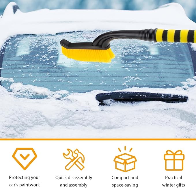 27” Snow Brush & Detachable Ice Scraper 2-in-1, Scratch-Free Split Bristles, Extendable 27-39” EVA Foam Grip, PVC Squeegee Snow Shovel with Guide Channel for Car Windshield/Truck/SUV