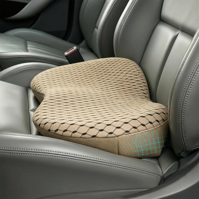 Car Seat Cushion - Memory Foam Seat Pad for Sciatica & Lower Back Pain Relief - Driving Cushion with Breathable Mesh Cover - Road Trip Essentials for Drivers (3D Beige)