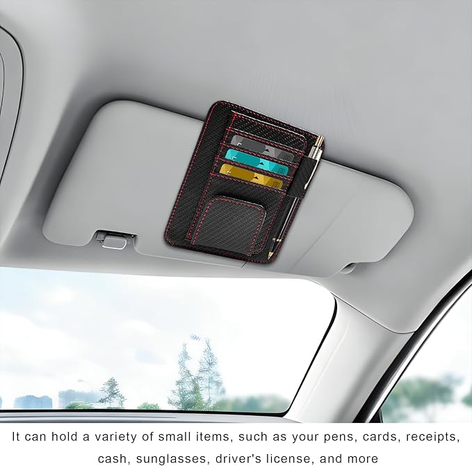 Car Sun Visor Organizer, Leather Auto Visor Card Holder with Sunglasses Clip, Multifunctional Sunvisor Storage Pouch Vehicle Interior Pocket for Driving License Pen Ticket (Carbon Fiber & Red)