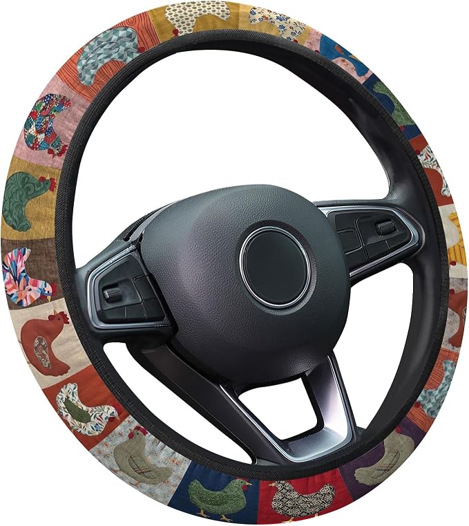 Chicken Patchwork Steering Wheel Cover, Polyester Non-Slip Car Wheel Grip, Universal 15 Inch Auto Accessory