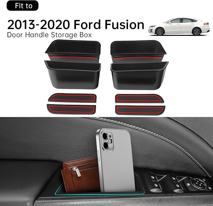 4PCS Door Side Storage Box for Ford Fusion 2013 2014 2015 2016 2017 2018 2019 2020 Front and Rear Accessories Phone Holder Door Grab Handle Pocket Storage Organizer ABS Plastic, Red Mat