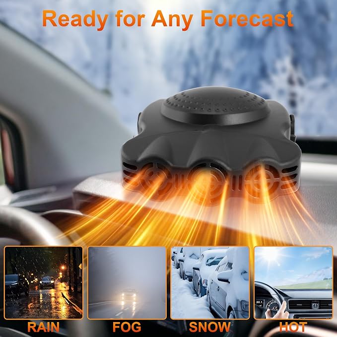 Portable Car Heater - Car Defroster for Vehicle, 150W Automotive Heater Fan with 180° Swivel Bracket, 3 Outlets for Wide Heat Distribution, for All 12V Vehicles (Black)