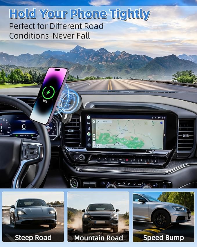 PZK Car Phone Holder for 2022-2026 Chevy Silverado/GMC Sierra 13.4'' Screen | Chevy Magnetic 15W Fast Wireless Charger 360° Magnetic Car Phone Mount LT/RST/ZR2/LTZ/LT Trail Boss Accessories