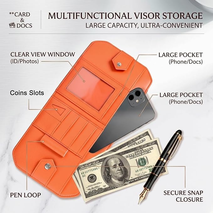 Car Sun Visor Organizer, Multi-Pocket Auto Interior Storage Pouch with Secure Metal Clip Hook and Loop Straps, PU Leather Visor Case for Sunglasses, Cards, Photos, Pen, Universal Fits (Beige)