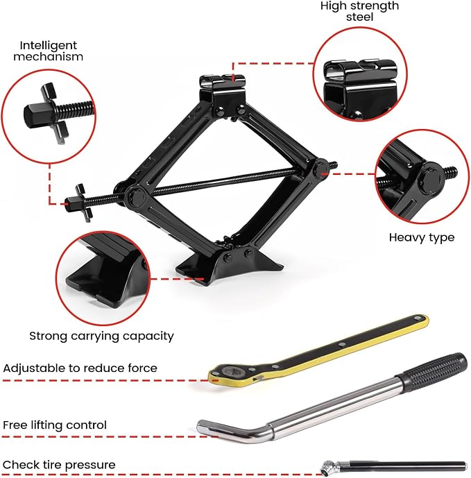 Scissor Jack Lift 2T, Car Jack Kit Tire Jack with Ratchet Wrenches & Telescopic Wrenches, Universal Emergency Kit 4409 lbs, Portable Tire Changing Kit for Vehicle/SUV/MPV