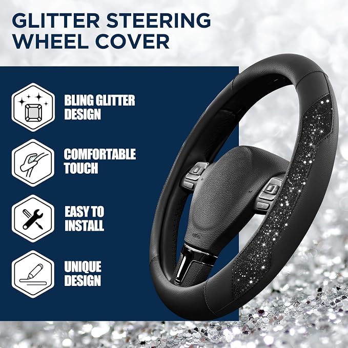 Steering Wheel Cover, Black Sparkly Crystal Bling Glitter with Leather, Universal Fit 14.5"-15.5" Car Steering Wheels for Girls & Women, Anti-Slip Wheels Cover for Cars, Trucks, Van, SUVs