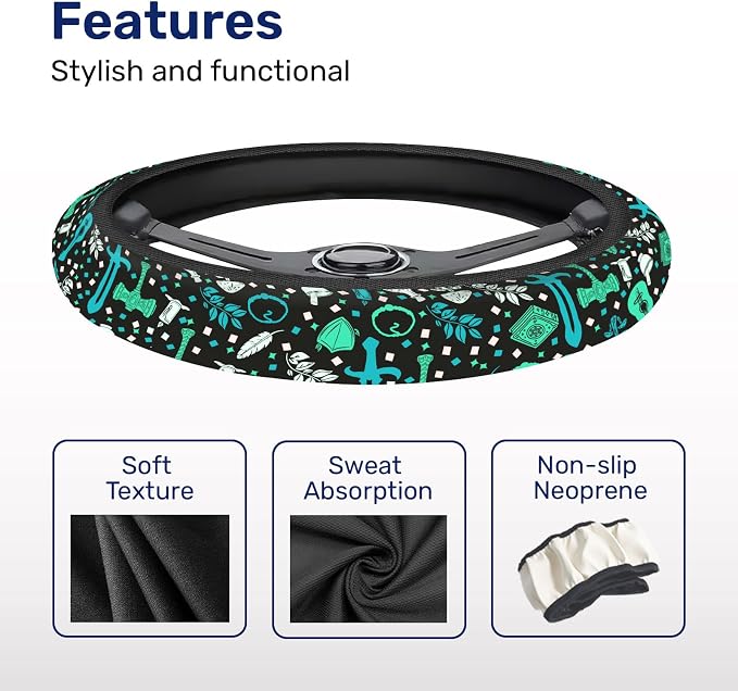 Teal Fantasy Symbol Steering Wheel Cover, Polyester Non-Slip Car Wheel Grip, Universal 15 Inch Auto Accessory