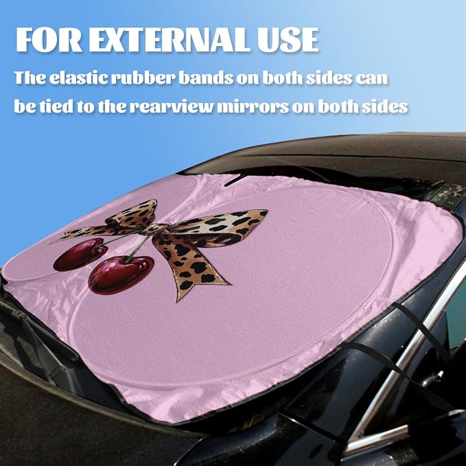 Coquette Cherry Car Windshield Sunshades Leopard Bow Pink Girly Aesthetic Front Window Sun Shade Blocks UV Rays Sun Visor Protector for Car Sedan Truck SUV Accessories 59" L x 31.5" W