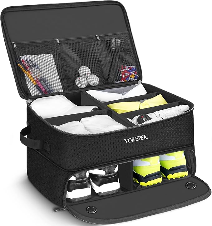 2 Layer Golf Trunk Organizer, Golf Gifts for Men with Separate Ventilated Compartment for 2 Pair Shoes, Waterproof Car Trunk Locker for Balls, Tees, Clothes, Gloves, Gifts for Golfers