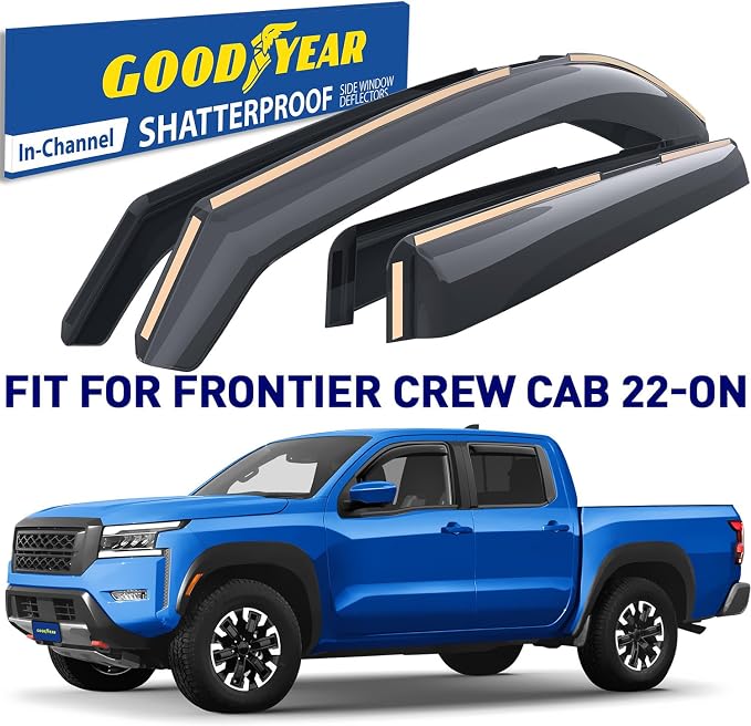 Goodyear Shatterproof in-Channel Window Deflectors for Nissan Frontier 2022-2026 Crew Cab, Rain Guards, Window Visors for Cars, Vent Deflector, Car Accessories, 4 pcs - GY007865