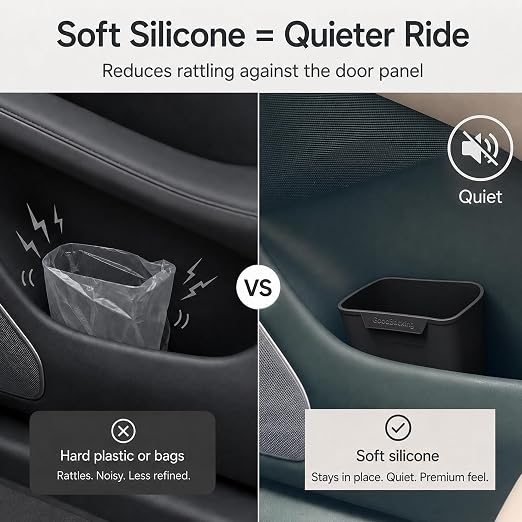 Car Door Trash Can 2 Pack, Black Silicone Garbage Bin for Driver Passenger Door Pocket, Waterproof Auto Waste Container Fits Most Standard Car Door Pockets