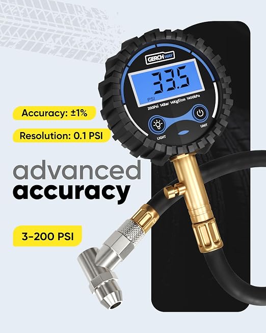 GERCHWAY Digital Tire Pressure Gauge 200 PSI - Accurate Air Pressure Gauge for Tires with Easy-to-Read Numbers & 45° Angle Chuck