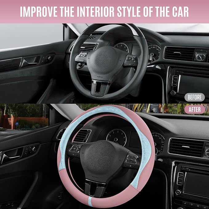 Steering Wheel Cover, Light Blue Patterned & Pink Leather Patchwork Design, Universal Fit 14.5"–15.5", Anti-Slip, Odor-Free, Soft Grain Leather, Durable Grip Car Accessory for Girls & Women
