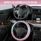 Steering Wheel Cover, Light Blue Patterned & Pink Leather Patchwork Design, Universal Fit 14.5"–15.5", Anti-Slip, Odor-Free, Soft Grain Leather, Durable Grip Car Accessory for Girls & Women