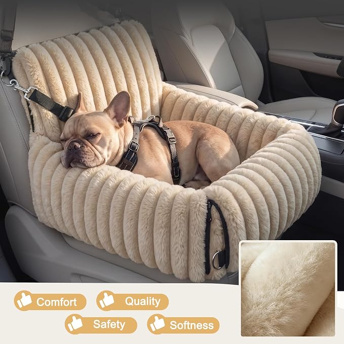 Dog Car Seat for Small/Medium Dogs up to 25 lbs, Multi-Functional Dog Carrier for Car with Detachable Washable Cover, Pet Travel Bed with Clip-On Safety Leash, Brown